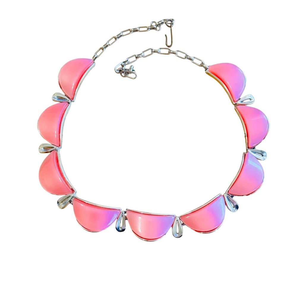 VTG Star Signed Pink Thermoset Moonglow Necklace 1950s Retro Glam Silver Tone